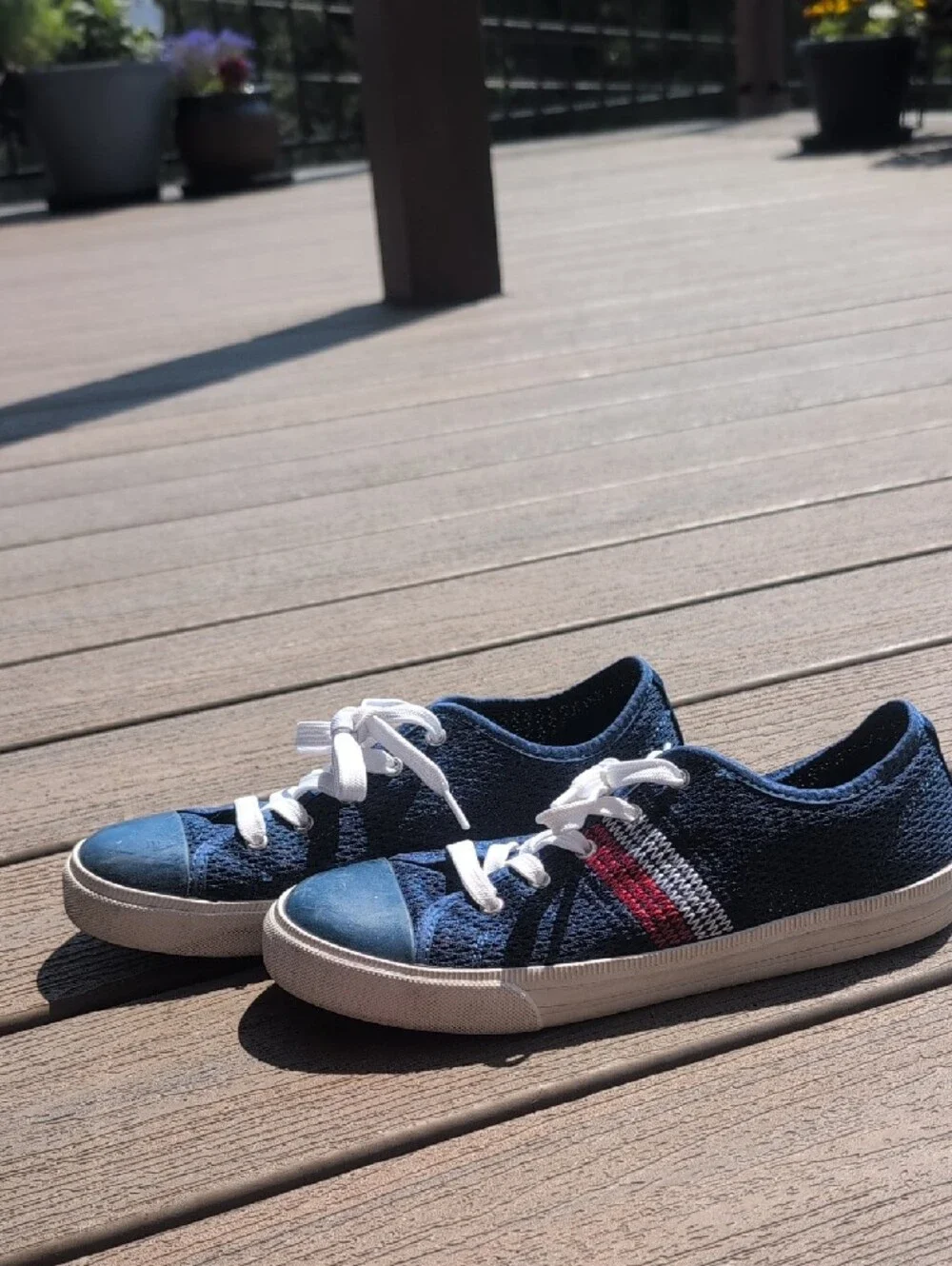 Tommy Hilfiger Navy Knit Lace-Up Flats with Red & White Accent